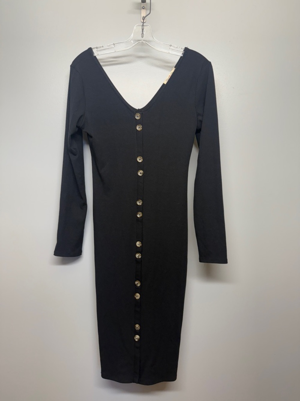 Heart & Hips Black Ribbed Midi Dress with Button Detail
